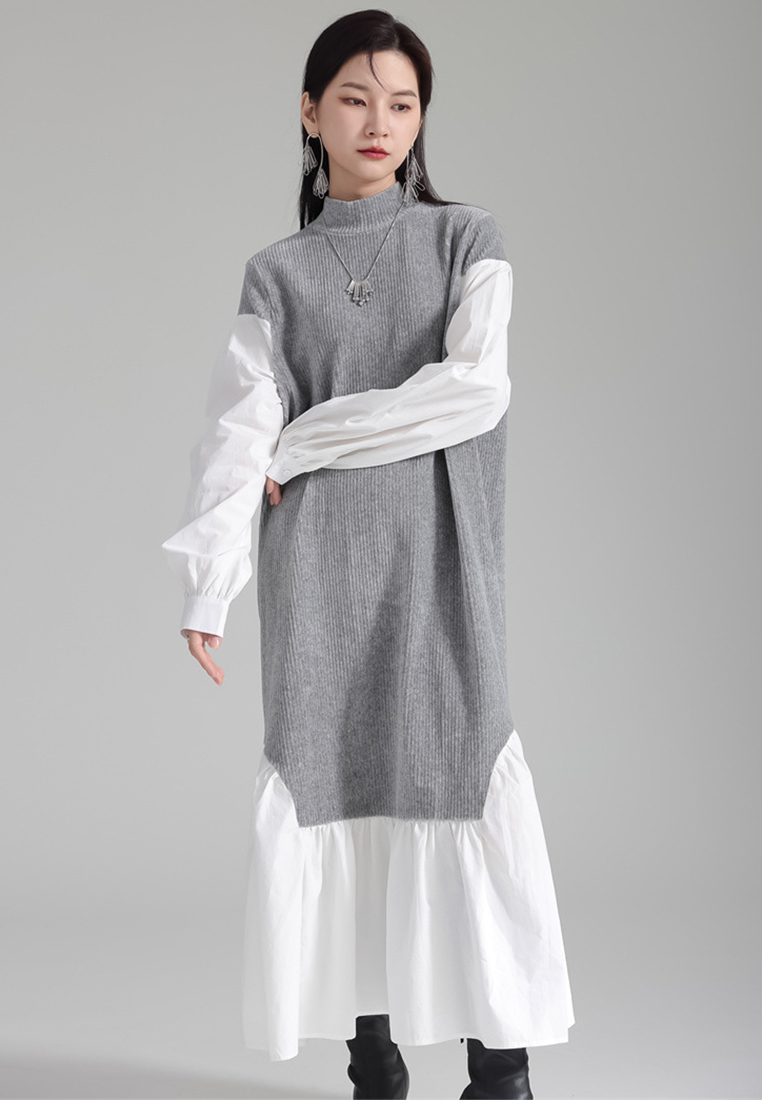 Gray contrasting irregular splicing fake two piece shirt dress A121894GY