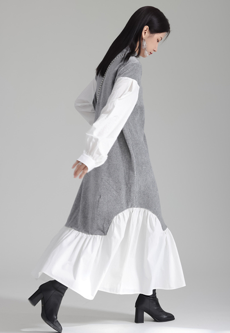 Gray contrasting irregular splicing fake two piece shirt dress A121894GY