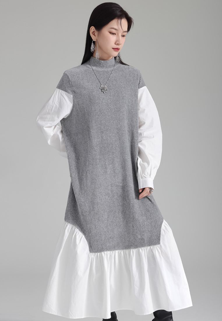 Gray contrasting irregular splicing fake two piece shirt dress A121894GY