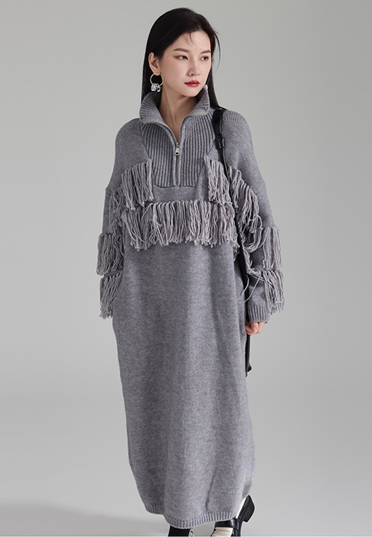 Lazy style warm turtleneck tassel knitted sweater dress A121896BE