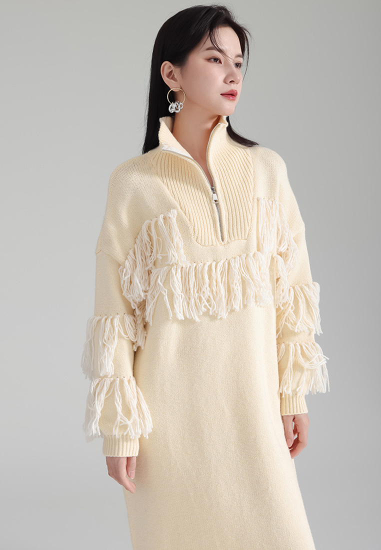 Lazy style warm turtleneck tassel knitted sweater dress A121896BE