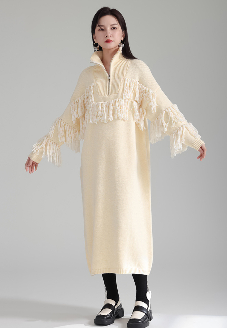 Lazy style warm turtleneck tassel knitted sweater dress A121896BE
