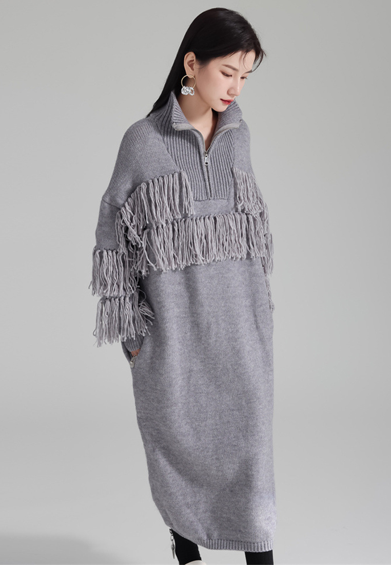 Lazy style warm turtleneck tassel knitted sweater dress A121896BE