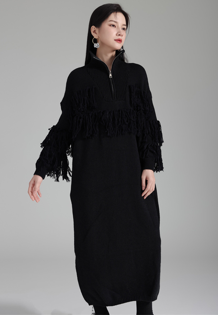 Lazy style warm turtleneck tassel knitted sweater dress A121896BE