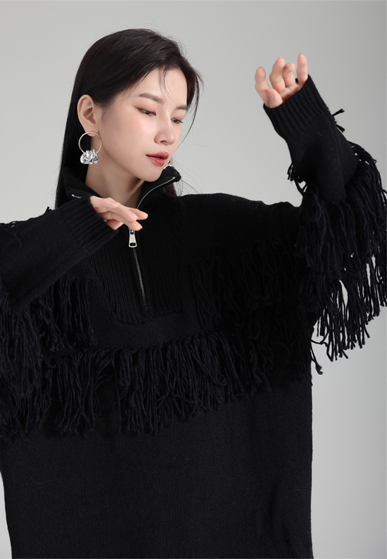 Lazy style warm turtleneck tassel knitted sweater dress A121896BE