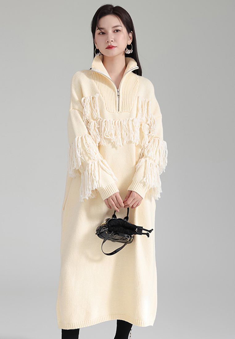 Lazy style warm turtleneck tassel knitted sweater dress A121896BE