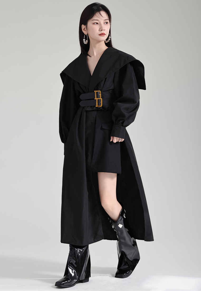 High end lantern sleeve irregular design belted dress A121897BL