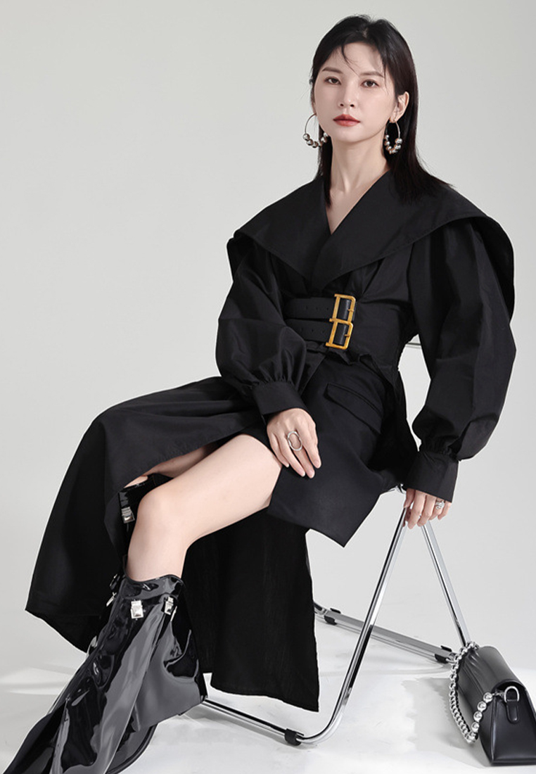 High end lantern sleeve irregular design belted dress A121897BL