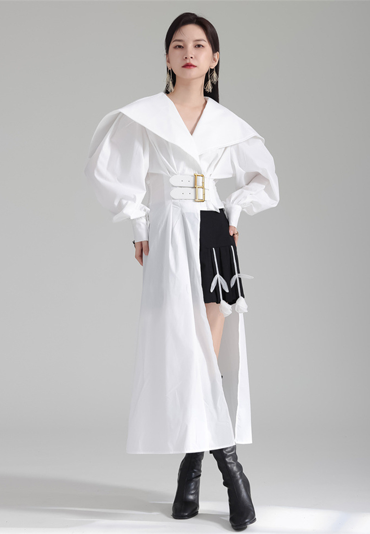 High end lantern sleeve irregular design belted dress A121897BL