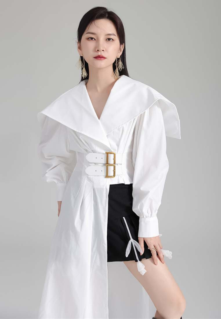 High end lantern sleeve irregular design belted dress A121897BL