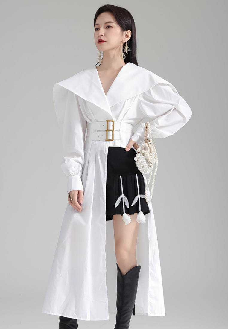 High end lantern sleeve irregular design belted dress A121897BL