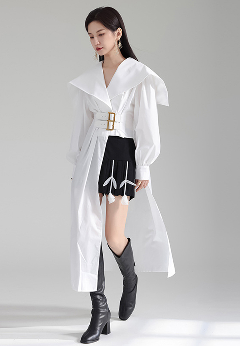 High end lantern sleeve irregular design belted dress A121897BL