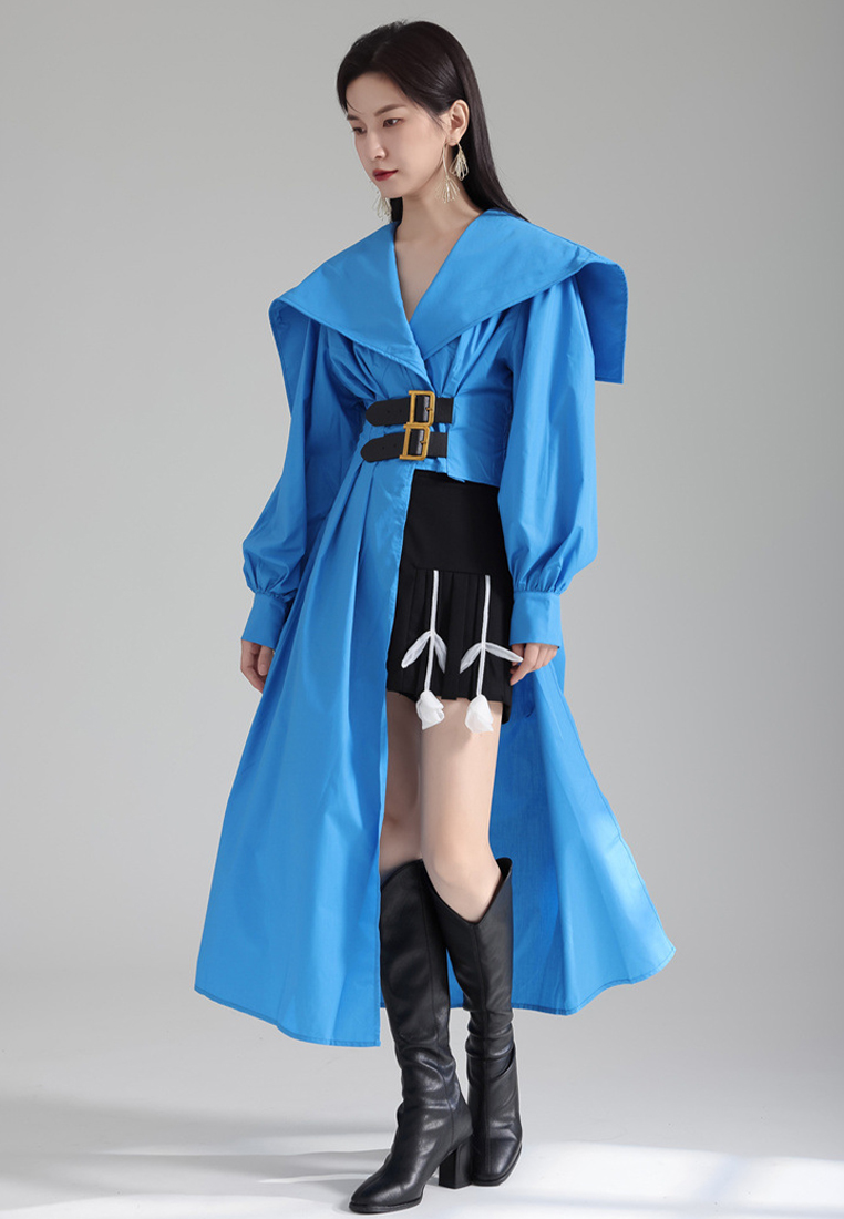 High end lantern sleeve irregular design belted dress A121897BL