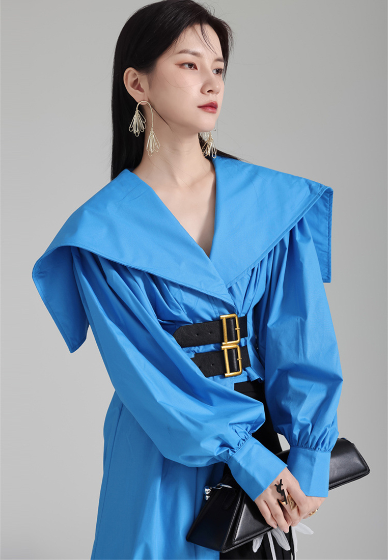 High end lantern sleeve irregular design belted dress A121897BL