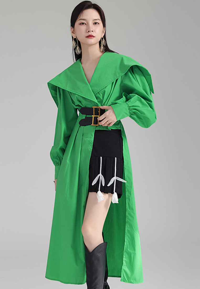 High end lantern sleeve irregular design belted dress A121897BL