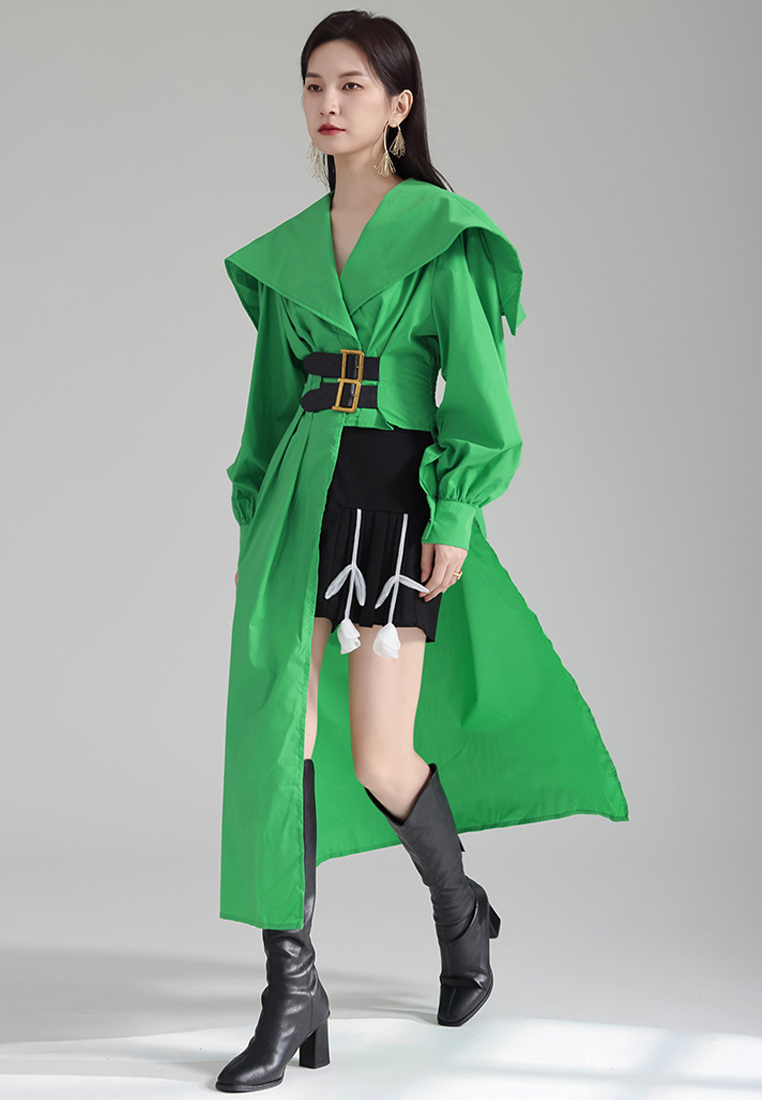 High end lantern sleeve irregular design belted dress A121897BL