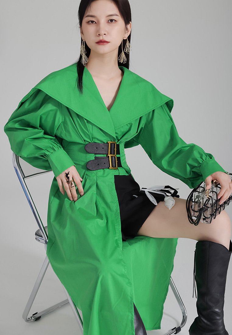 High end lantern sleeve irregular design belted dress A121897BL