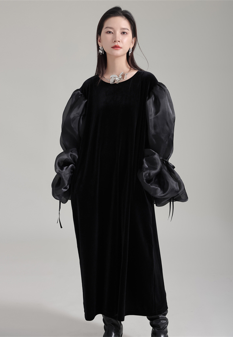 Fashionable and elegant black velvet skirt with puff sleeves dress A121898BK