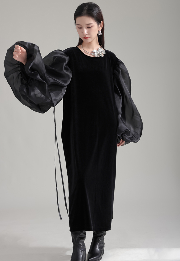 Fashionable and elegant black velvet skirt with puff sleeves dress A121898BK