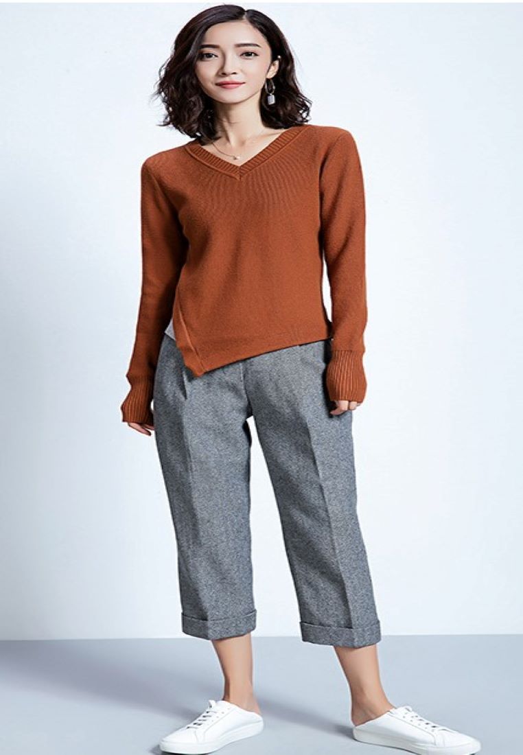 -- V neck Wool Long Sleeve Top A200408BW