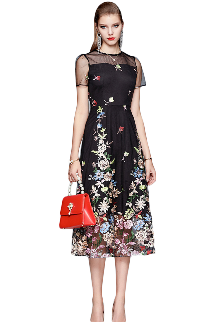 Tulle with Embroidered Floral Midi One Piece Dress Evening Dress  A21032909KI