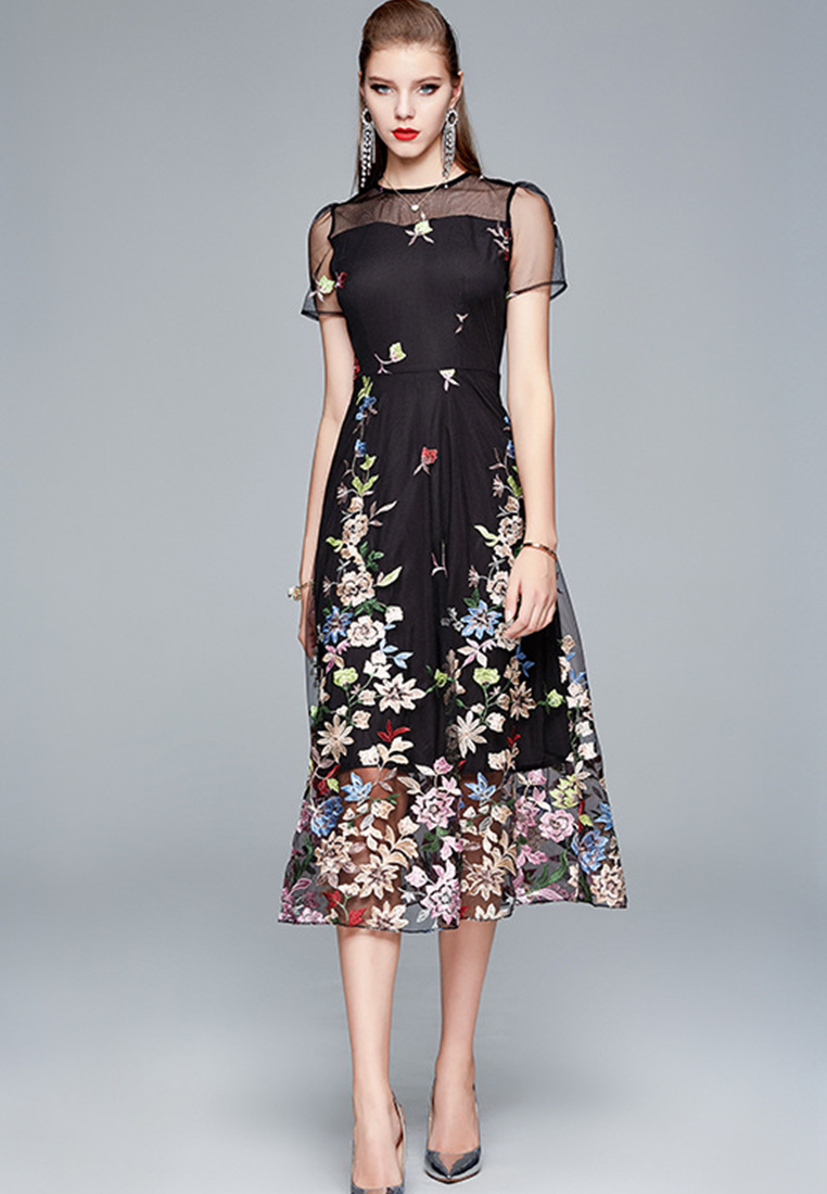 Tulle with Embroidered Floral Midi One Piece Dress Evening Dress  A21032909KI