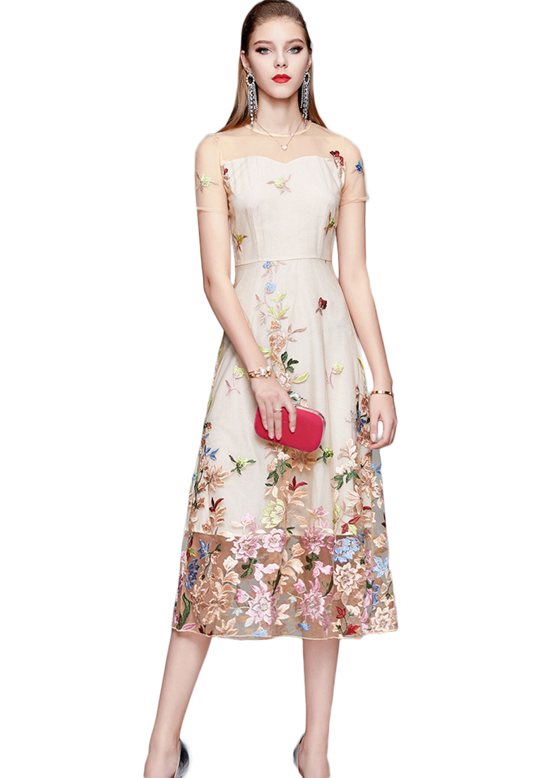 Tulle with Embroidered Floral Midi One Piece Dress Evening Dress  A21032909