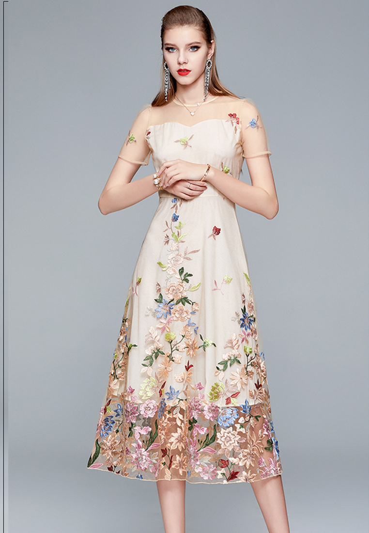 Tulle with Embroidered Floral Midi One Piece Dress Evening Dress  A21032909
