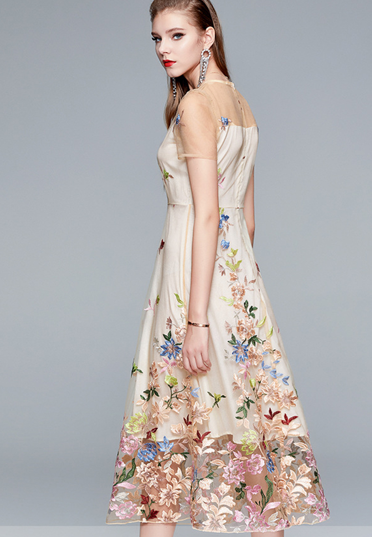 Tulle with Embroidered Floral Midi One Piece Dress Evening Dress  A21032909