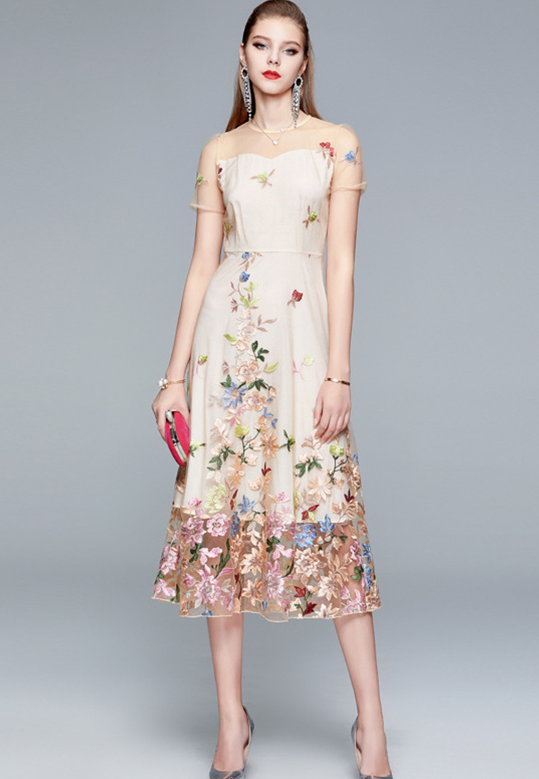 Tulle with Embroidered Floral Midi One Piece Dress Evening Dress  A21032909