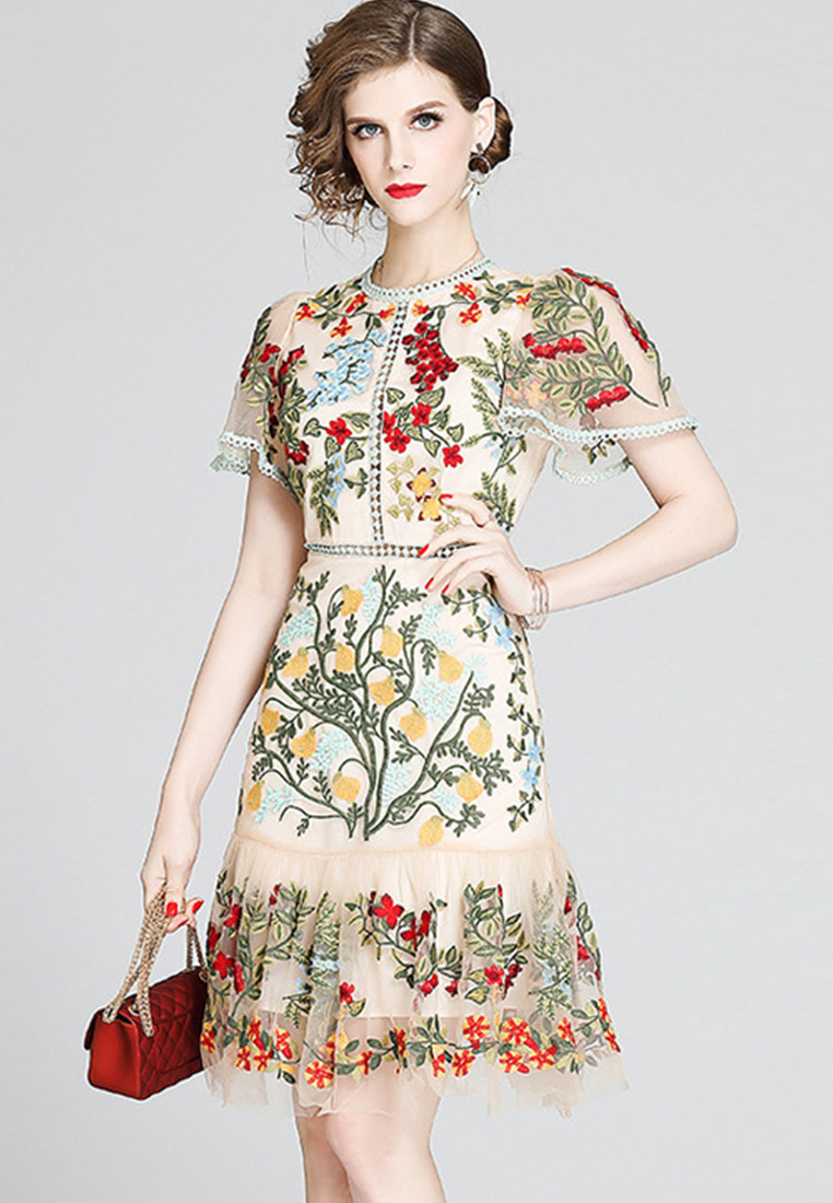 Embroidered Tulle Ruffle One Piece Dress A21032915