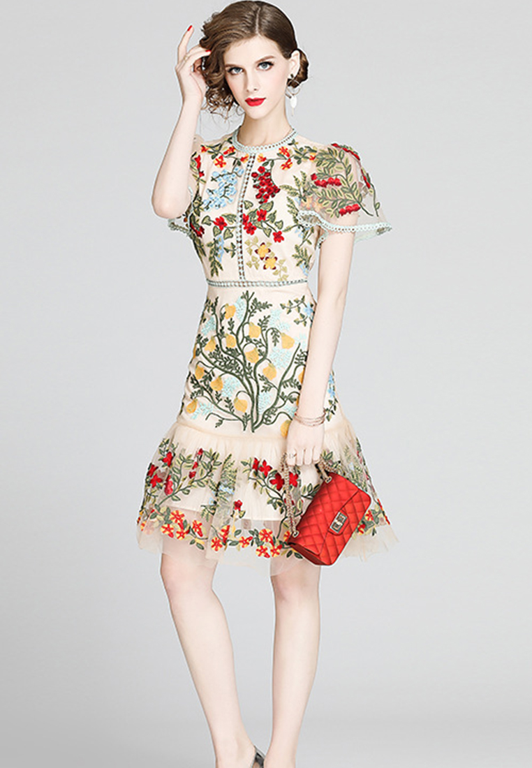 Embroidered Tulle Ruffle One Piece Dress A21032915