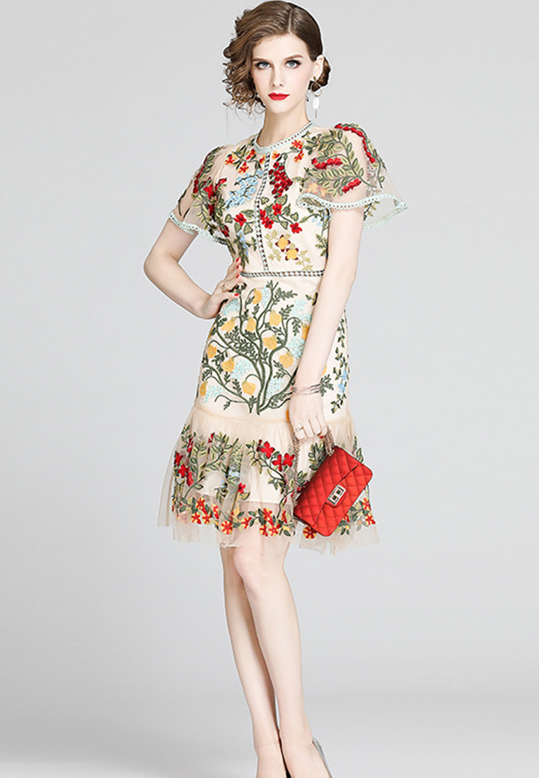 Embroidered Tulle Ruffle One Piece Dress A21032915