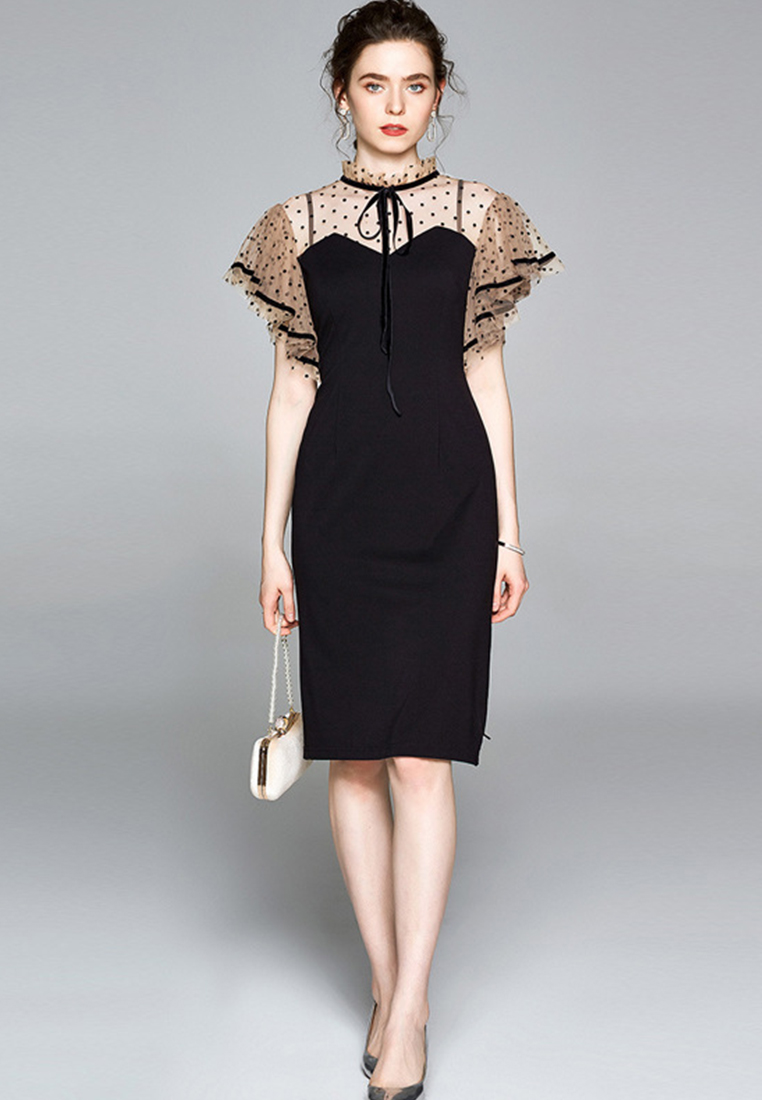 French Style Polka Dot Black One Piece Dress A21032921