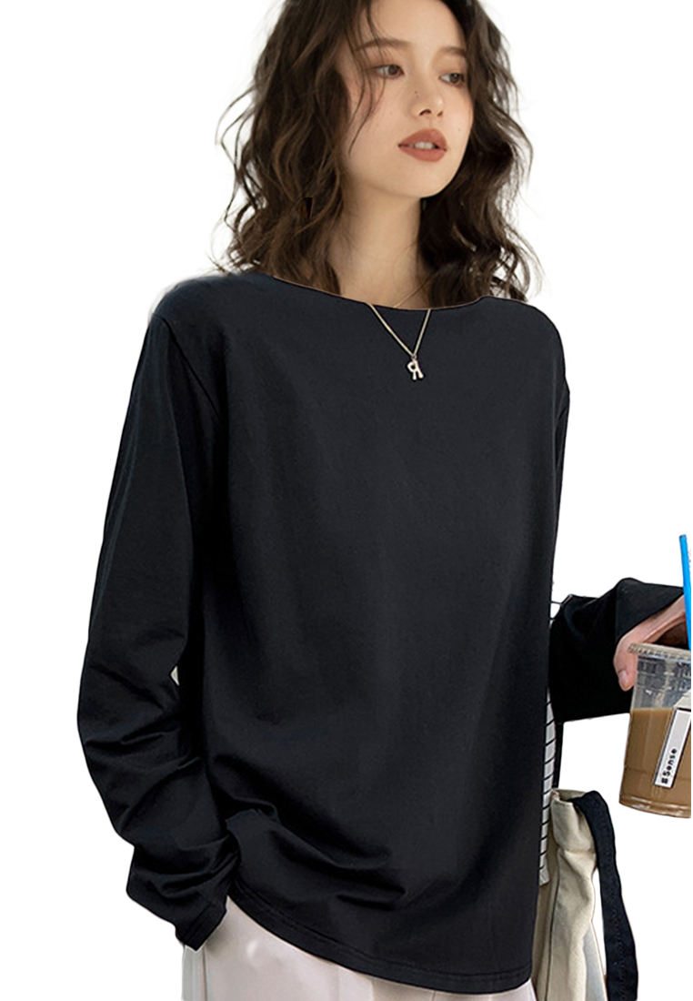 --Simple Solid Color Round Neck Bottoming Top A21090609BK-L