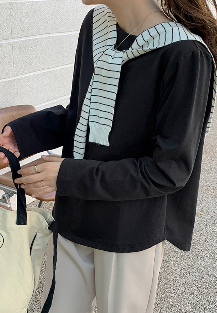 --Simple Solid Color Round Neck Bottoming Top A21090609BK-L