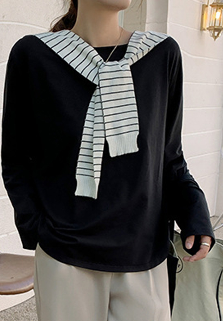 --Simple Solid Color Round Neck Bottoming Top A21090609BK-L