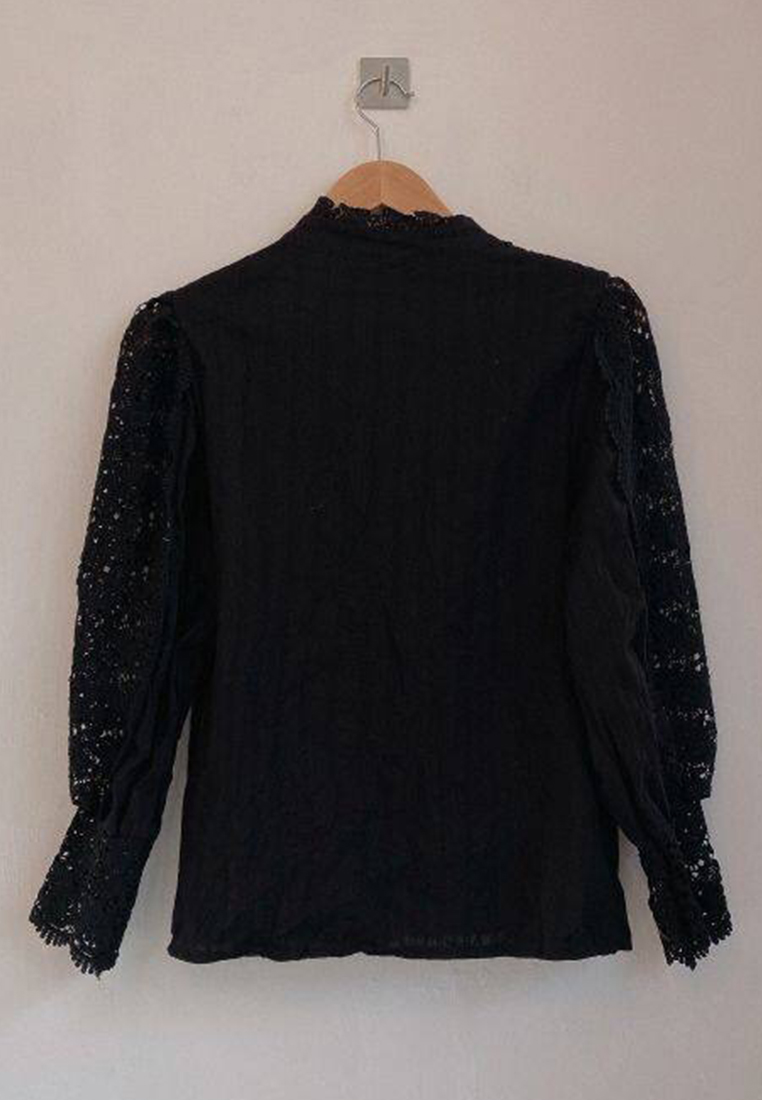 --Lace Hollow Flower Stand Collar Shirt Top A21092821BK-XXL