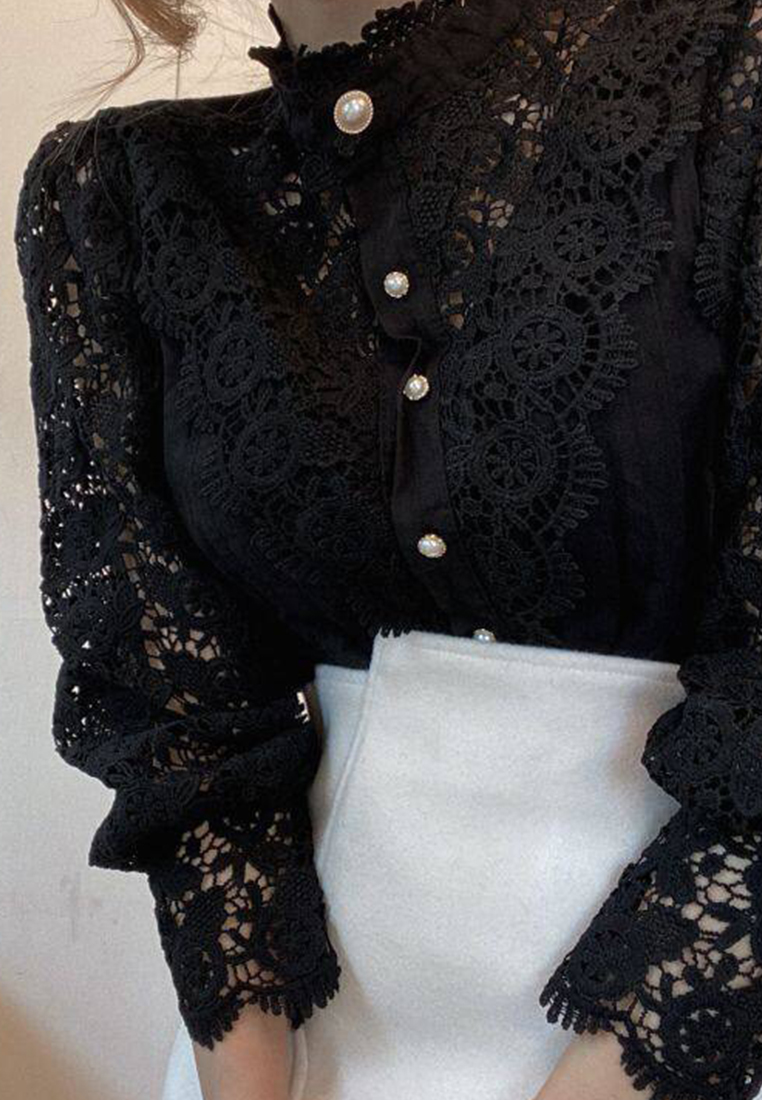 --Lace Hollow Flower Stand Collar Shirt Top A21092821BK-XXL