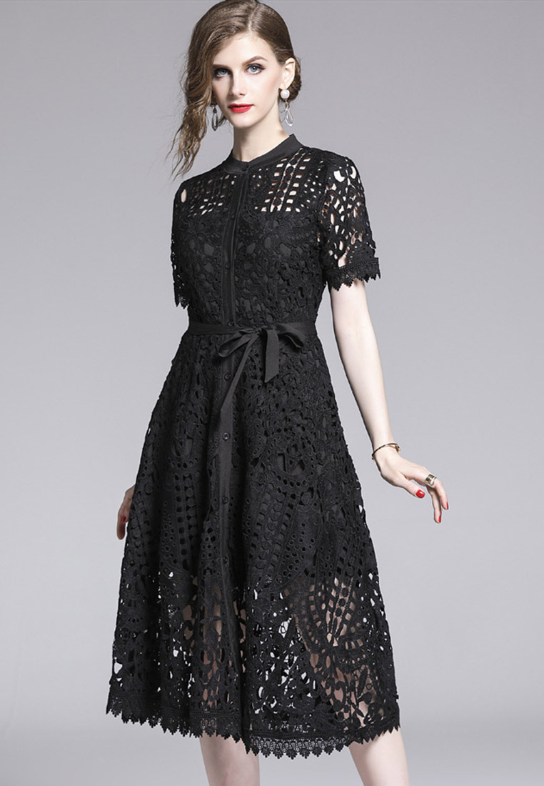 French Retro Cutout Water Soluble One-Piece Dress Evening Dress A22021603W