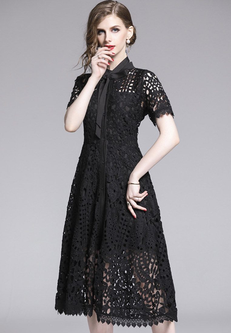 French Retro Cutout Water Soluble One-Piece Dress Evening Dress A22021603W