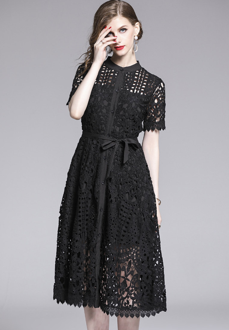 French Retro Cutout Water Soluble One-Piece Dress Evening Dress A22021603W