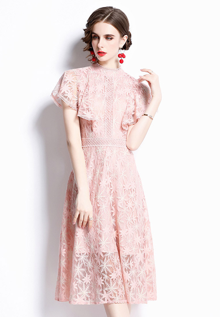 Temperament Hollow Lace Waist Pink One-Piece Dresss A22021609PI