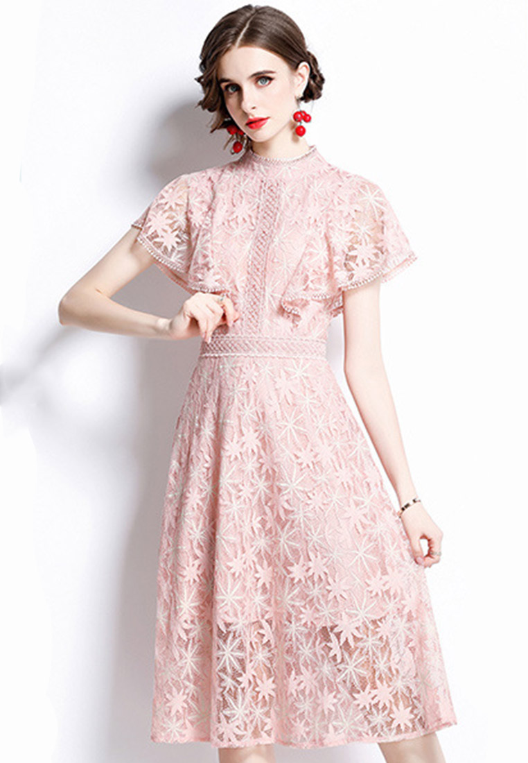 Temperament Hollow Lace Waist Pink One-Piece Dresss A22021609PI