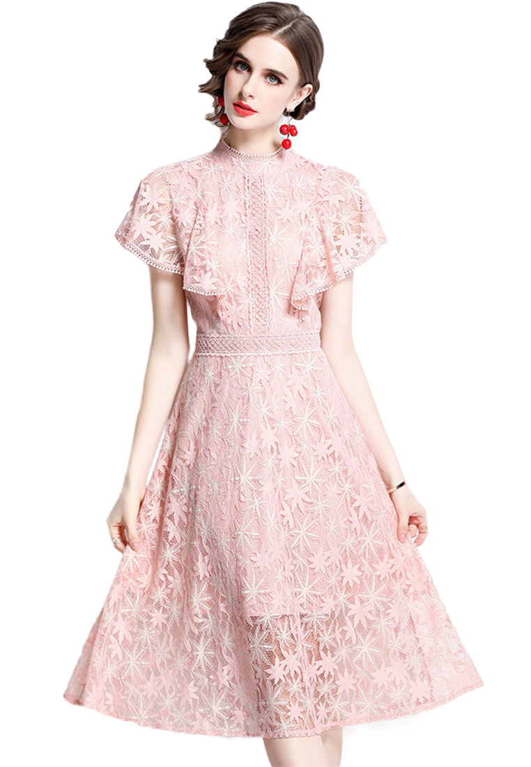 Temperament Hollow Lace Waist Pink One-Piece Dresss A22021609PI