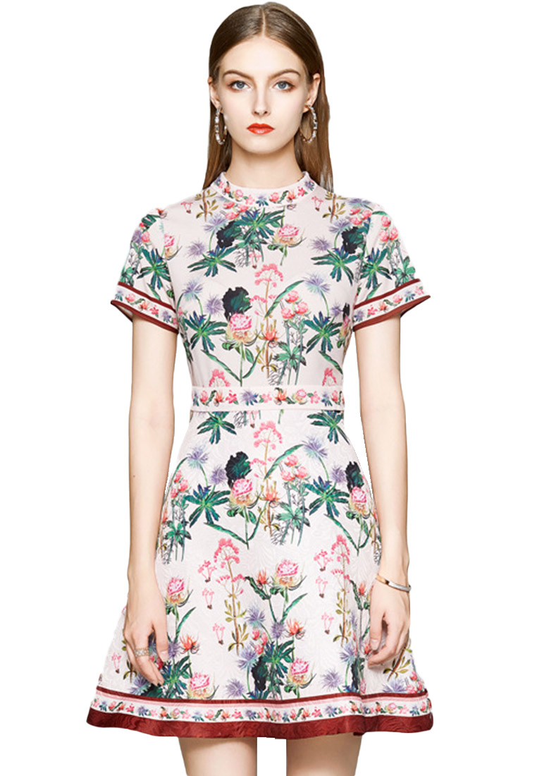 --Elegant Stand Collar Printed A-Line One-Piece Dress A22021613