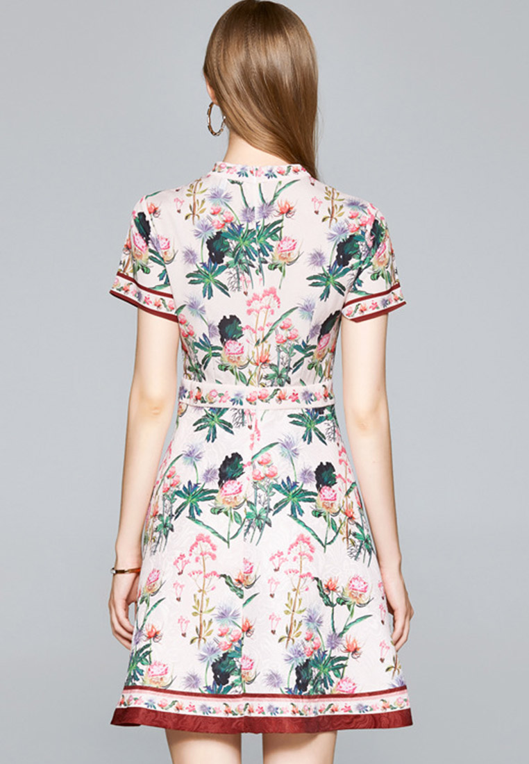 --Elegant Stand Collar Printed A-Line One-Piece Dress A22021613