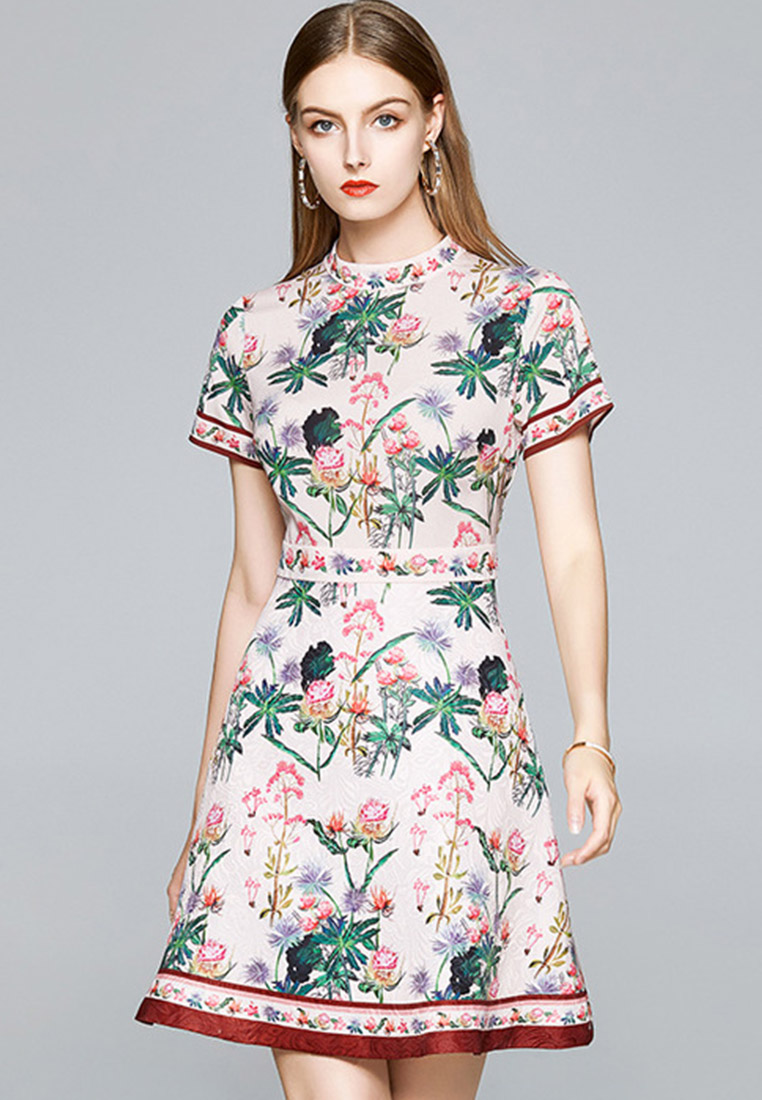 --Elegant Stand Collar Printed A-Line One-Piece Dress A22021613