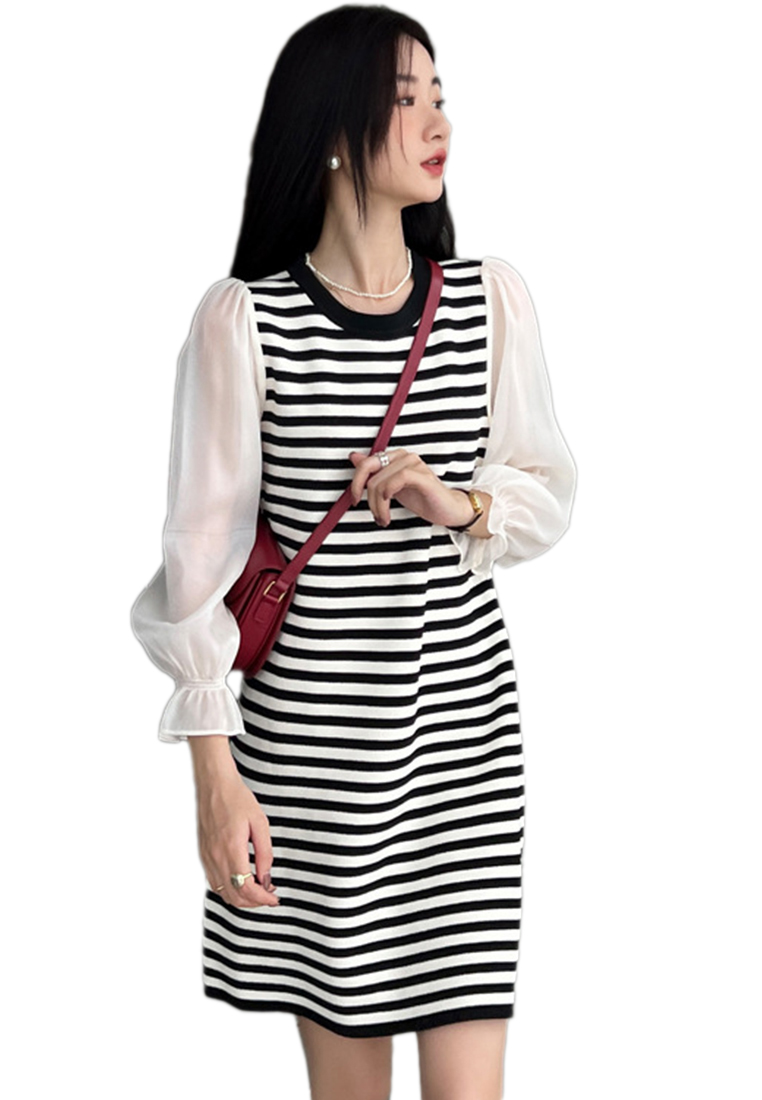 --Casual Striped Knit Loose One-Piece Dress A22090716-F