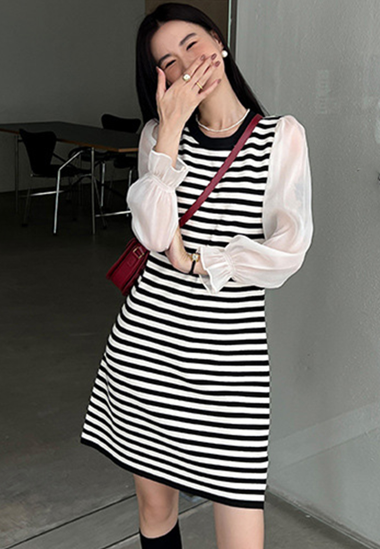 --Casual Striped Knit Loose One-Piece Dress A22090716-F
